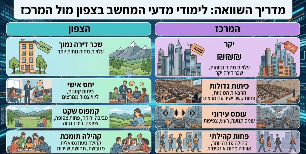 אינפוגרפיקה השוואתית בין לימודי מדעי המחשב בצפון לבין המרכז